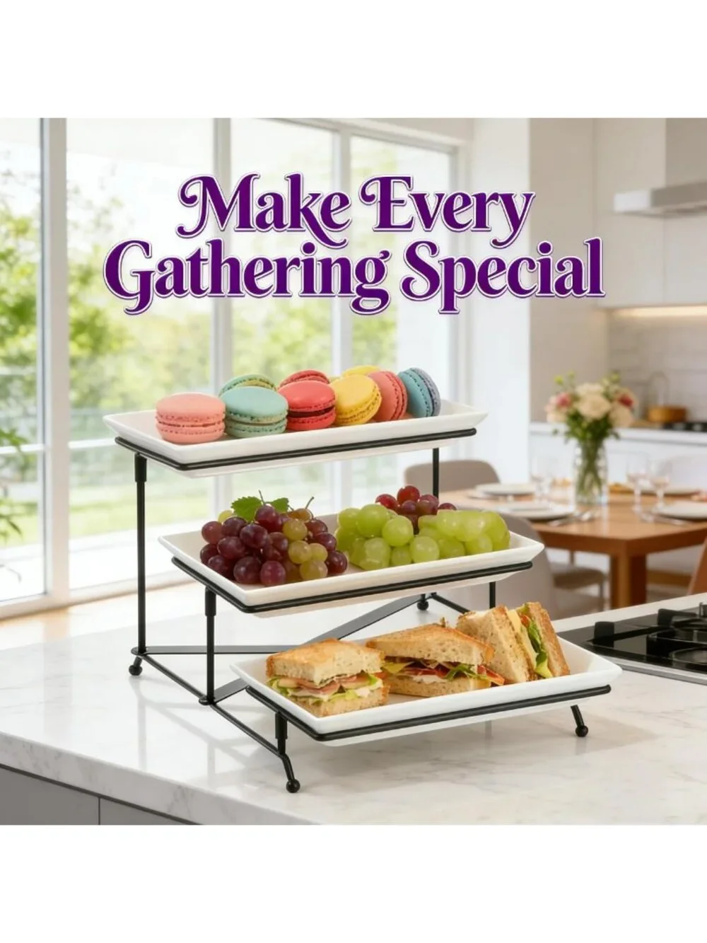 3-Tier White Plastic Serving Tray with Collapsible Metal Stand - Perfect for